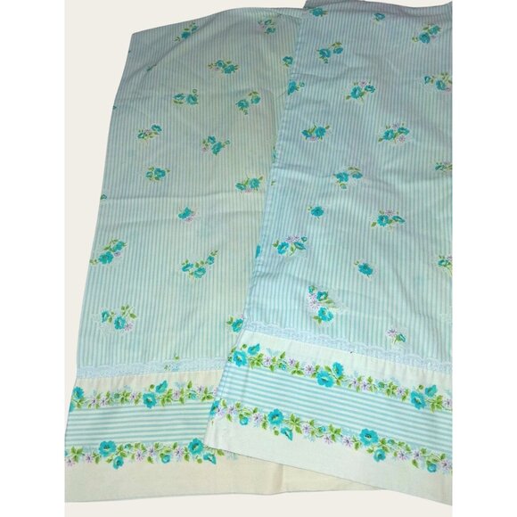 2 Vintage Cannon Monticello Floral Pillowcases Standard Blue  Green Stripes Lace - Picture 4 of 8